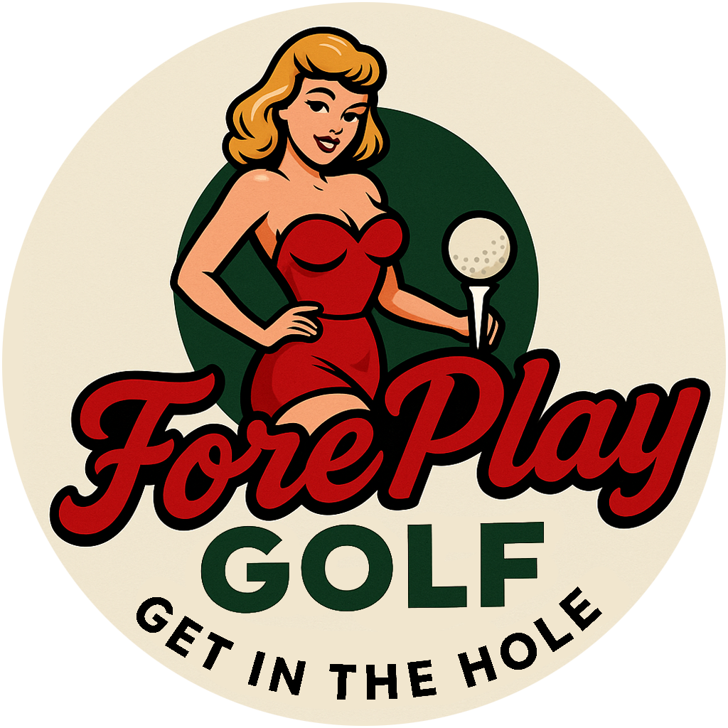 Vintage-style logo for 'Fore Play Golf' with a woman in a red dress holding a golf club and ball.